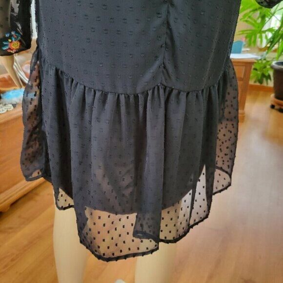 Japna Dress Black Embroidered Floral lined Med. chiffon Whimsigoth BOHO festival - Picture 10 of 15